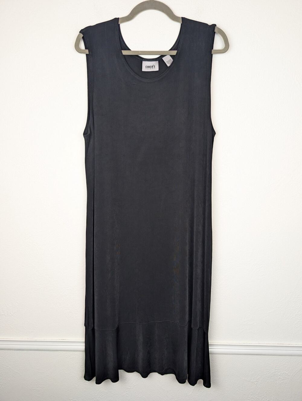 Chico's Travelers Dress Midi Slinky Knit Ruffle Minimalist Neutral Black Size L